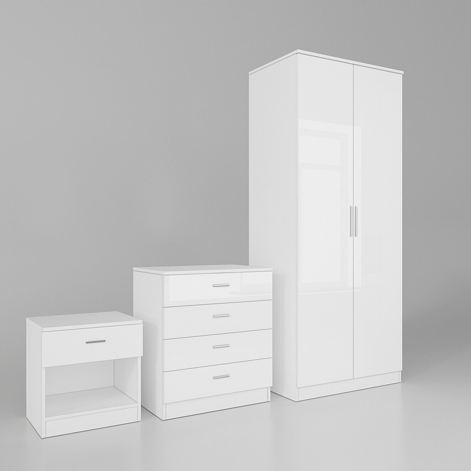 High Gloss Bedroom Furniture Set Wardrobe Chest of 4 Drawers Beside Table White