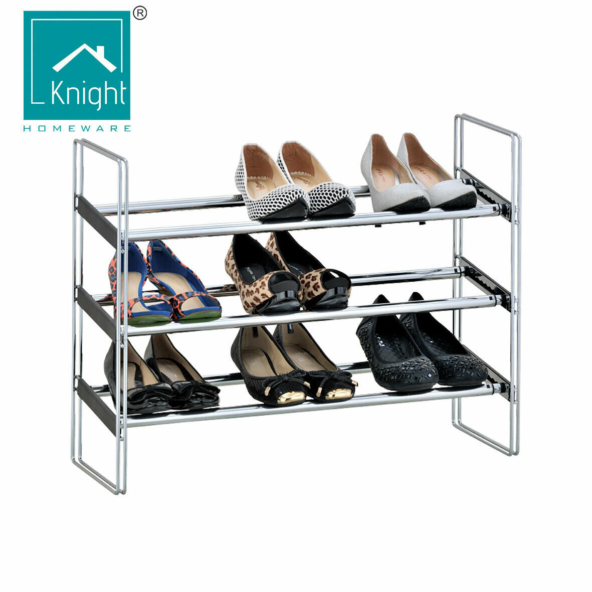 Knight Extendable Shoe Rack Chrome Black Stackable Storage Pine Wood All Design