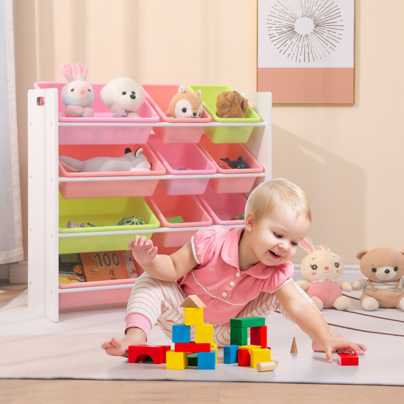 Children Bookshelf Kids Sling Book Rack with Storage Bins Toys Organizer White