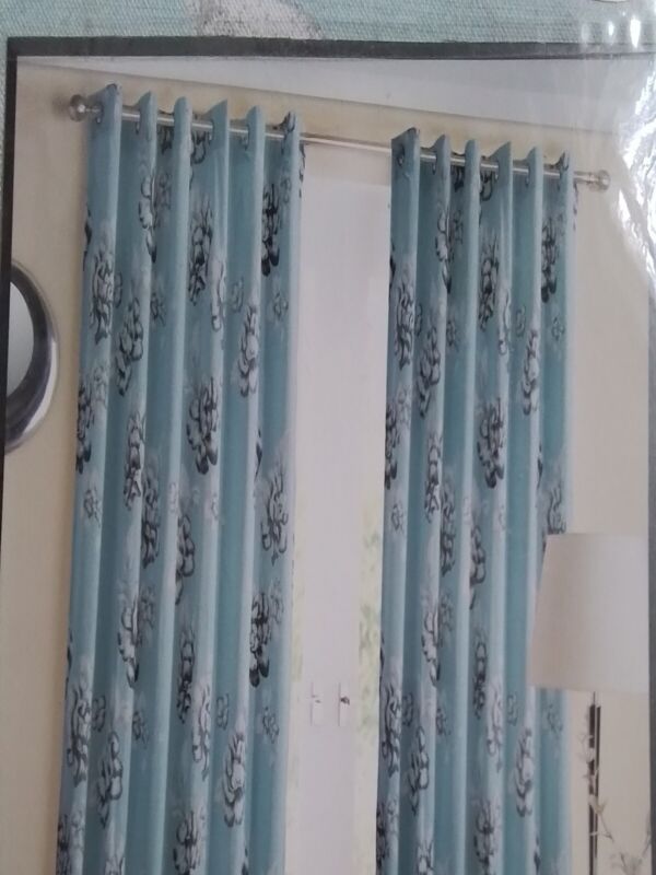 Tivoli Floral Print Ring Top Blackout Eyelet Curtains Duck Egg NEW