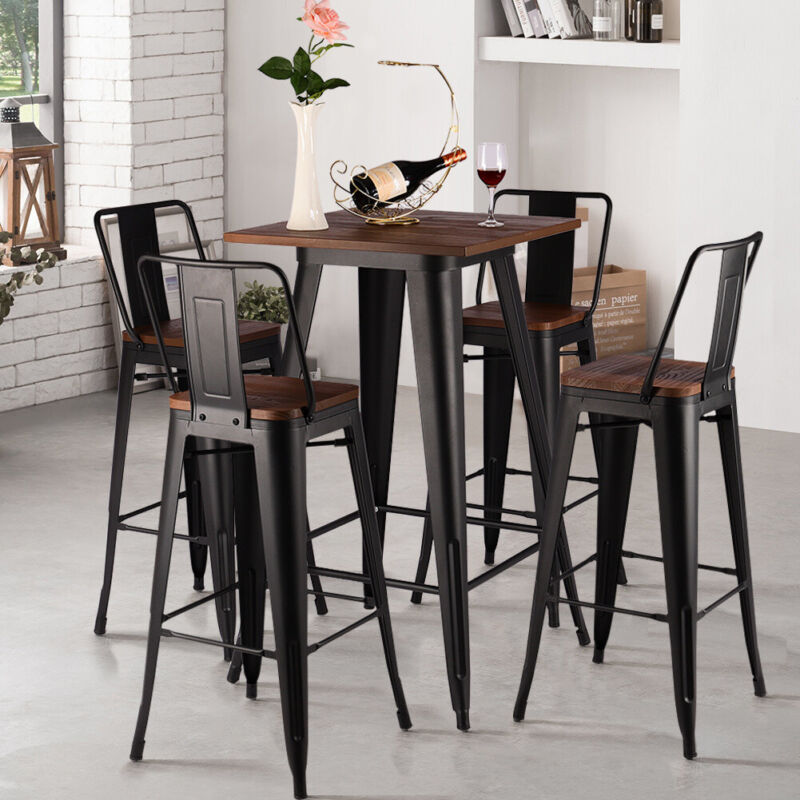 Wood Table Breakfast Bar Dining Table Coffee Tea Table+2/4Stools Metal Legs High