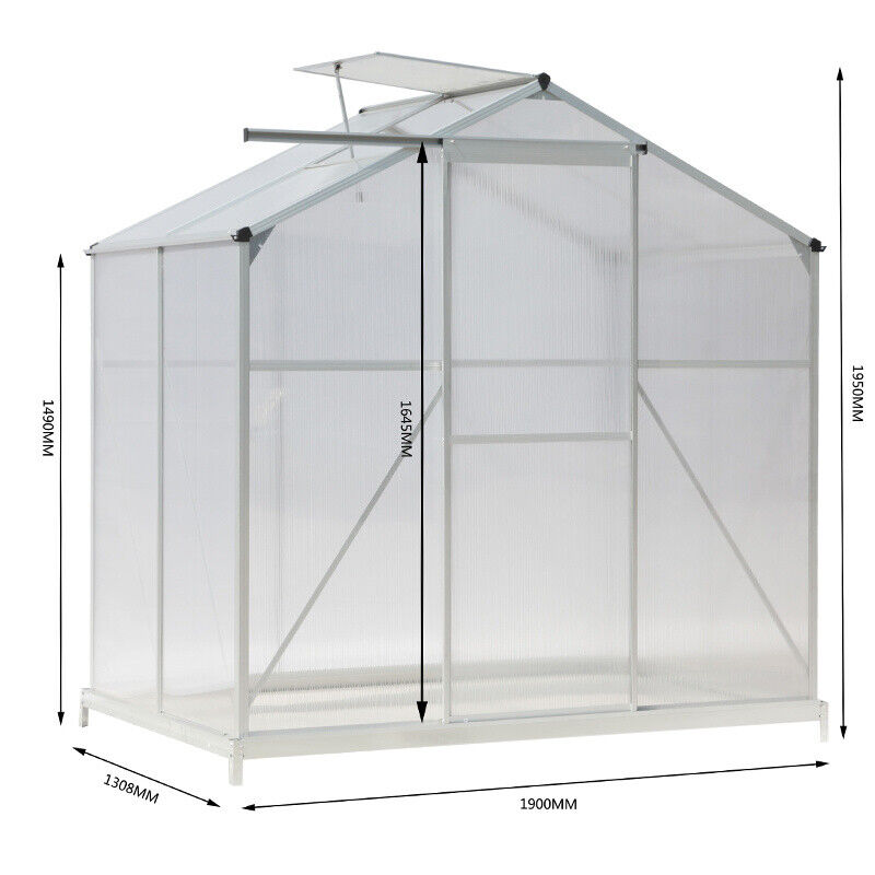 4-Size Greenhouse Polycarbonate Aluminium Walk-in Metal Green Base& Sliding Door