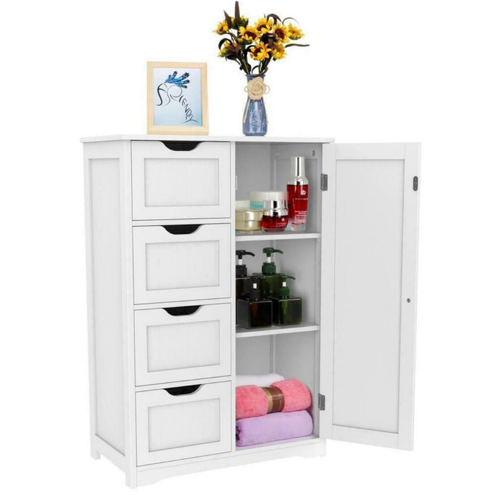 Bathroom Wood Cabinet Storage 4 Drawer 1 Door Free Standing Cupboard Unit White