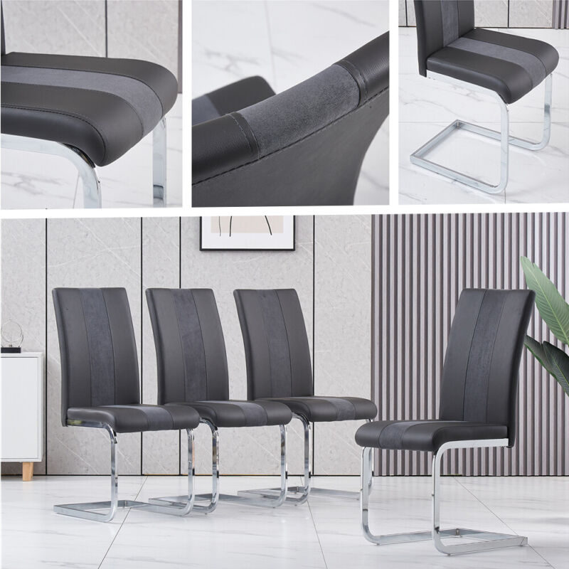 Wooden Dining Table and 4 Chairs Set Pu Leather Seat Kitchen Hoom Office Grey