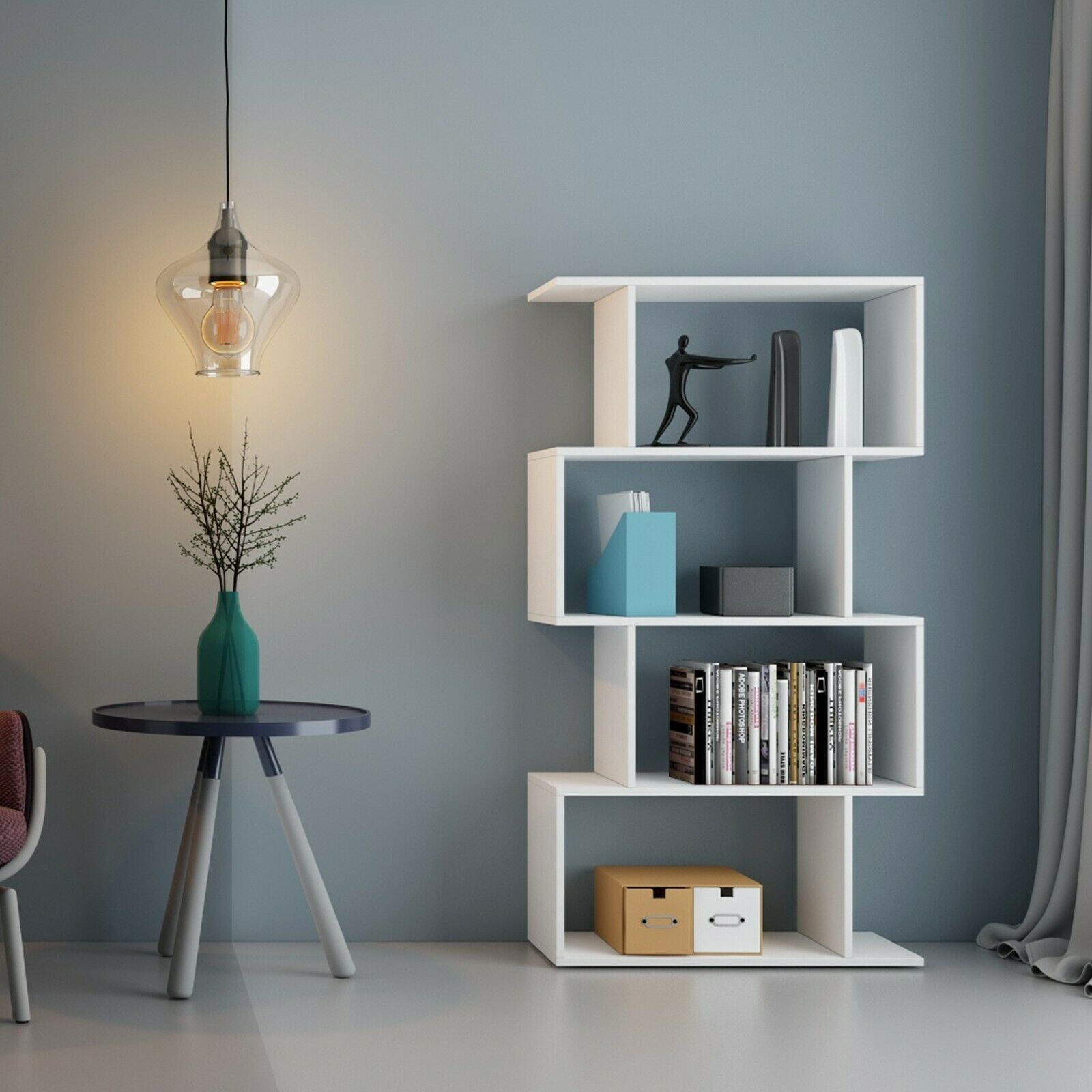 Wood Bookcase Bookshelf S Shape 6 Tier Shelves Free Standing Shelving Storage