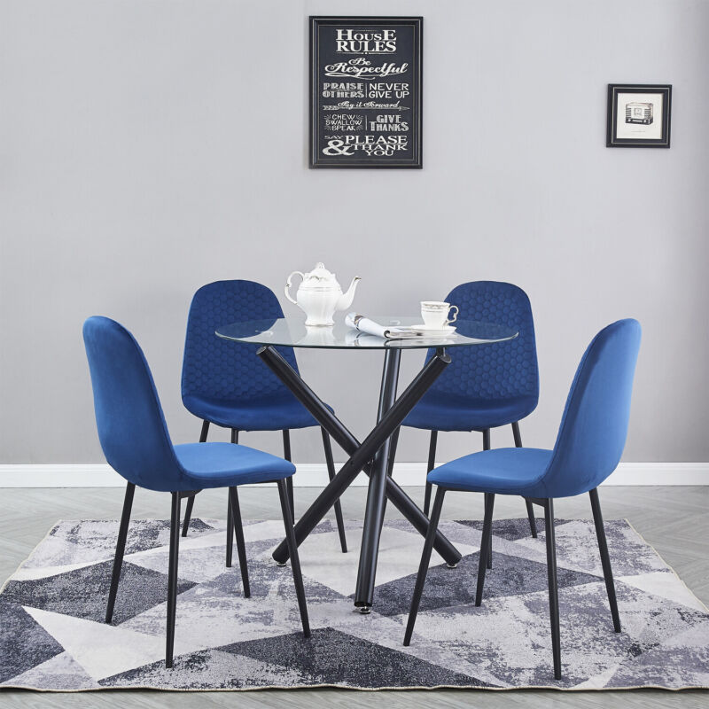 4x Velvet PU Leather Dining Chairs&Round Tempered Glass Dining Table Dining Set