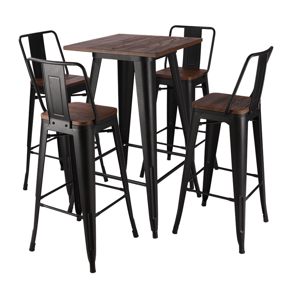 Industrial Metal Wood Bar Table + 2/4 Stools Set Breakfast Bistro Dining Chairs