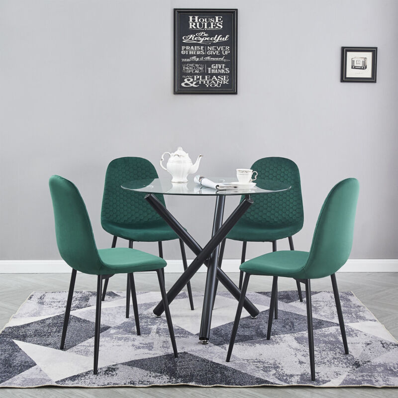 4x Velvet PU Leather Dining Chairs&Round Tempered Glass Dining Table Dining Set