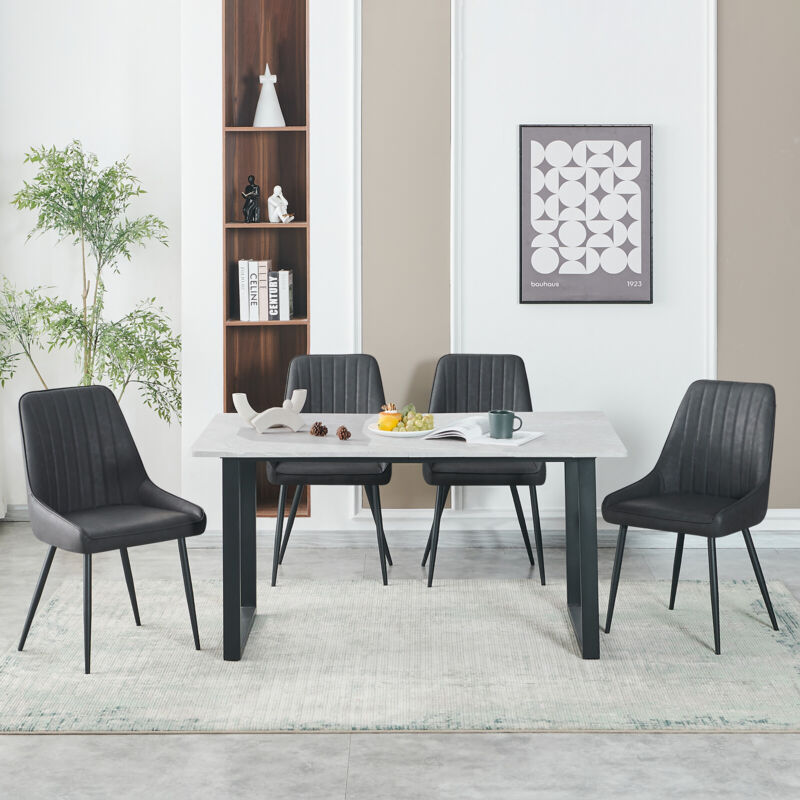 150cm Dining Table Set and 4 PU Leather Chairs Kitchen Marble Effect Grey Table