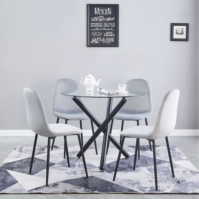 4x Velvet PU Leather Dining Chairs&Round Tempered Glass Dining Table Dining Set