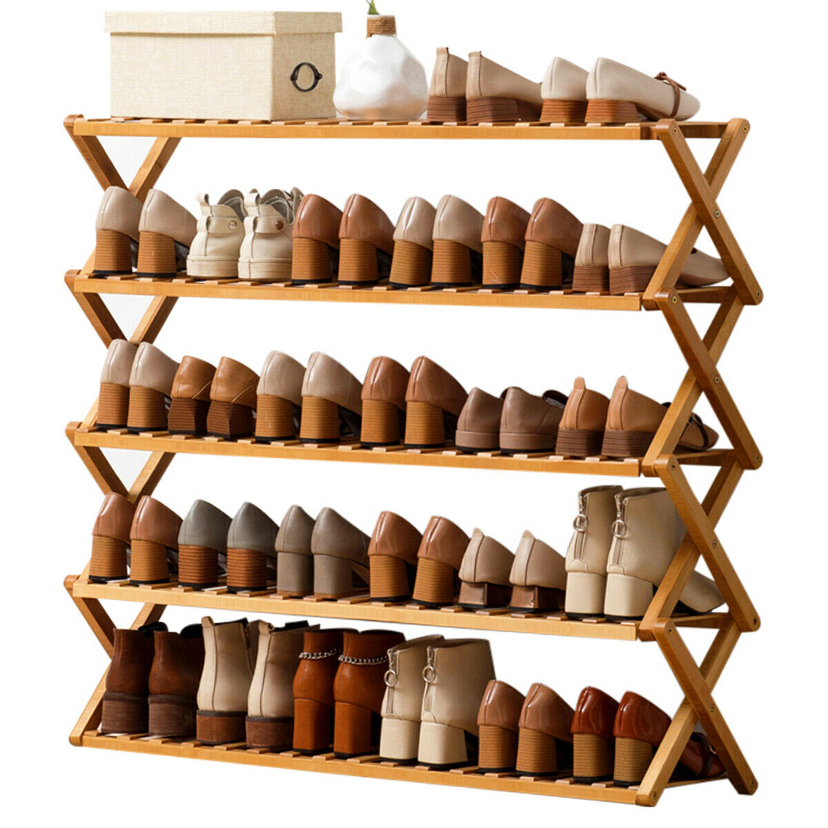 6 Tiers Folding Bamboo Shoe Rack Wooden Shoe Storage Footwear Storage Shelves