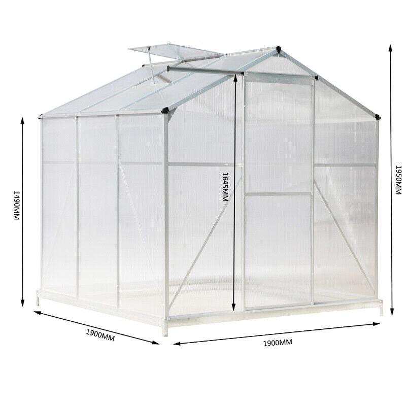 4-Size Greenhouse Polycarbonate Aluminium Walk-in Metal Green Base& Sliding Door