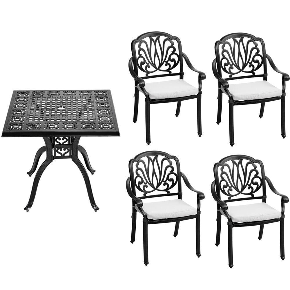 Garden Outdoor Patio Cast Alu Furniture Sets Square Table & 2/4 Chairs W/Cushion