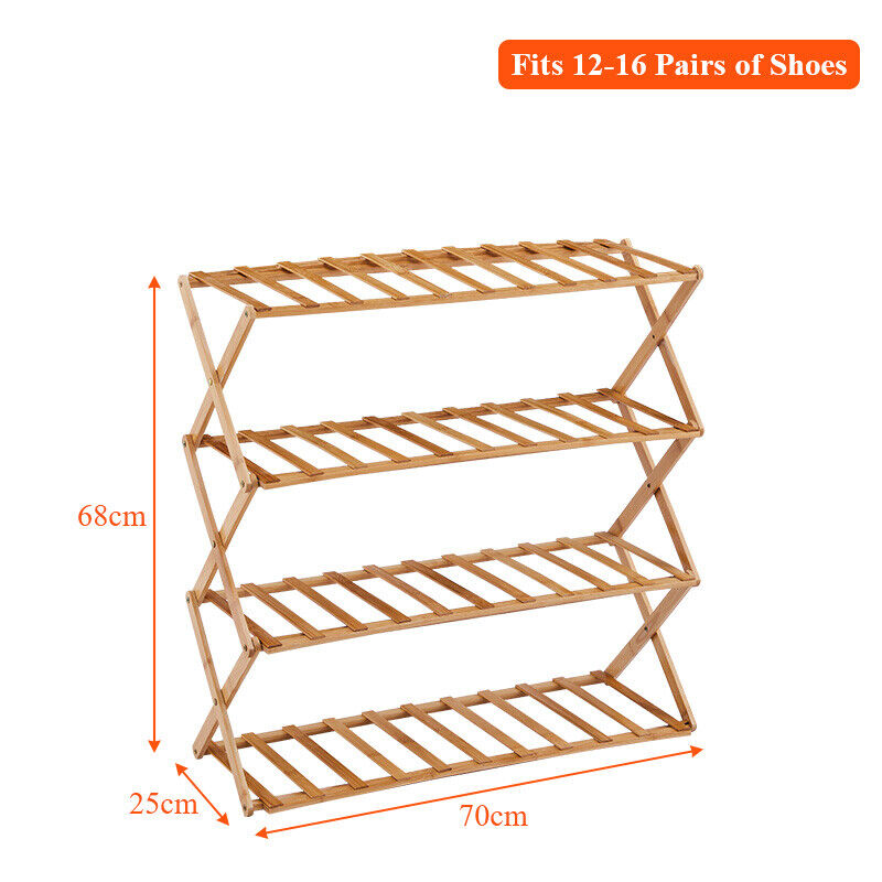 4 Tiers Bamboo Shoe Rack Folding Durable Shoe Shelf Organizer Free Standing