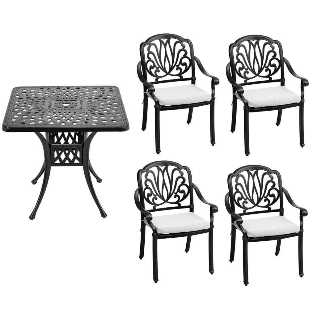 Garden Outdoor Patio Cast Alu Furniture Sets Square Table & 2/4 Chairs W/Cushion