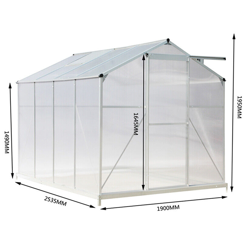 4-Size Greenhouse Polycarbonate Aluminium Walk-in Metal Green Base& Sliding Door