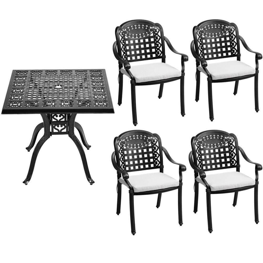 Garden Outdoor Patio Cast Alu Furniture Sets Square Table & 2/4 Chairs W/Cushion