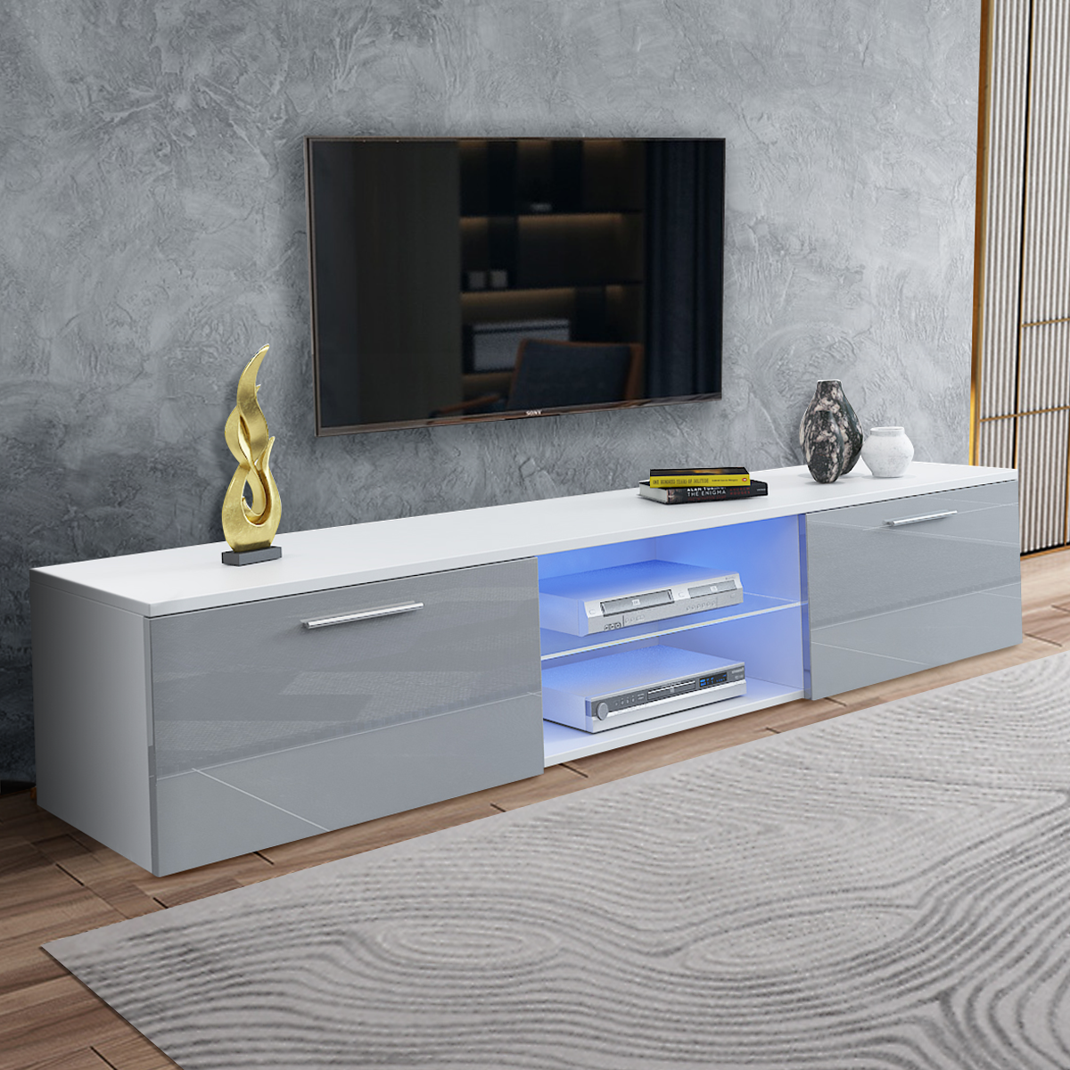 Modern TV Unit Cabinet Stand Matt Body & High Gloss Doors LED Light Livingroom