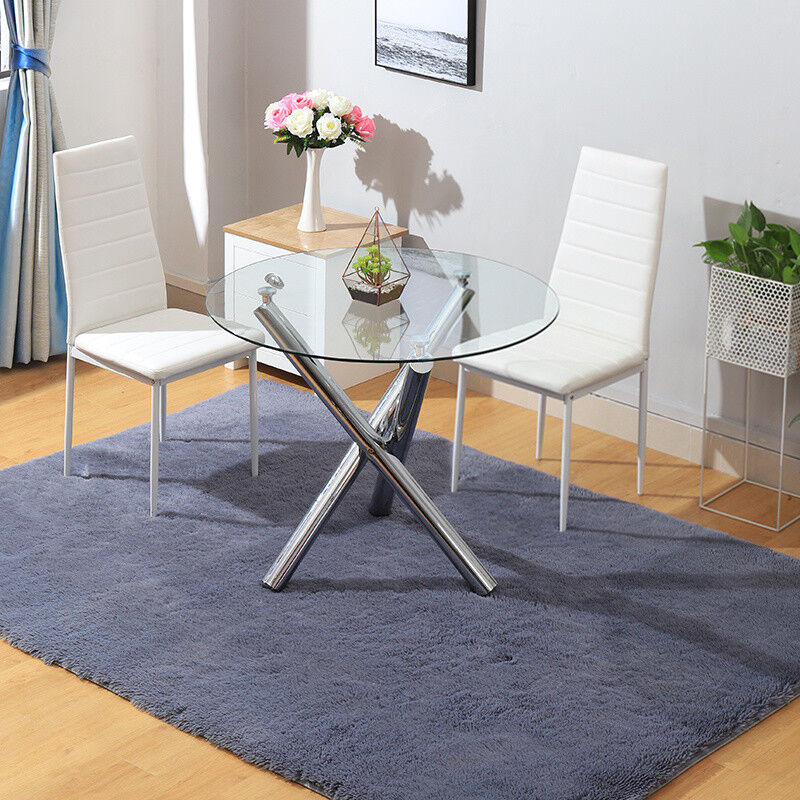 Round Glass Dining Table 4 Chairs Chrome Legs Home Kitchen Shop Office Furniture
