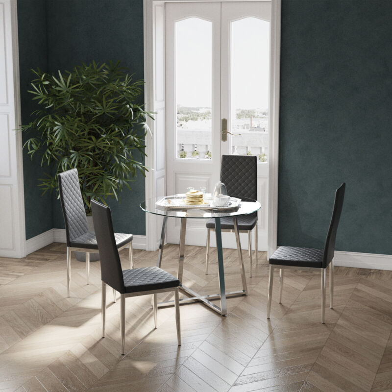 Compact Round Glass Dining Table & 2/4 Chairs Set Kitchen Room Home Furniture UK