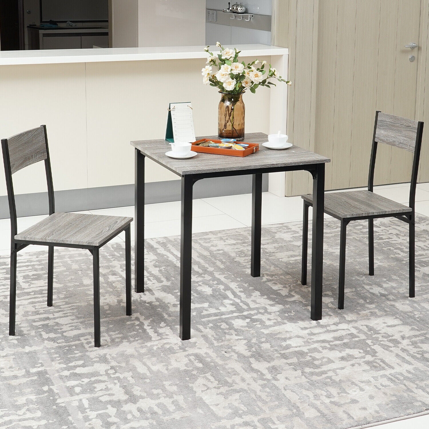 Dining Table and Chairs Set Wooden Steel Frame 2/4 Seat Modern Kitchen Set Grey