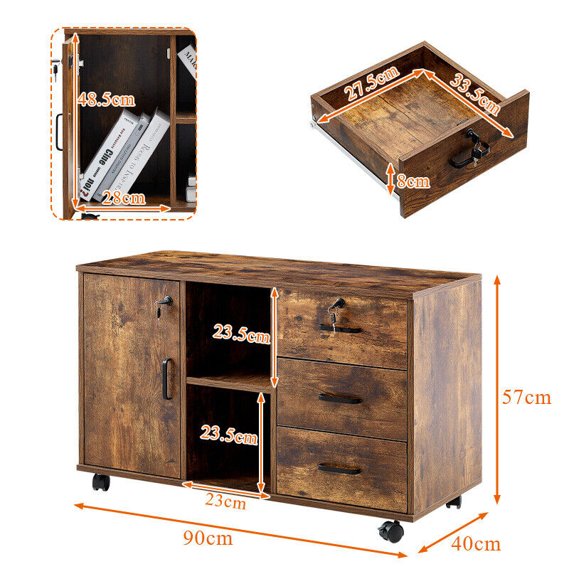 Office Filing Cabinet Mobile Under Desk File Storage Cupboard w/ Drawers Wheels