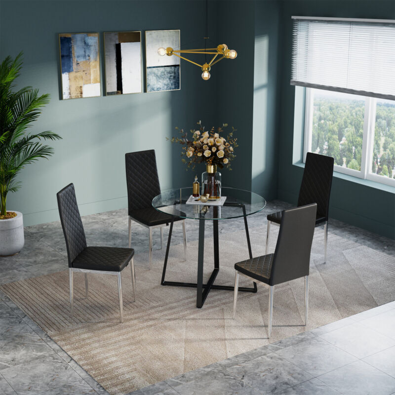 Compact Round Glass Dining Table & 2/4 Chairs Set Kitchen Room Home Furniture UK