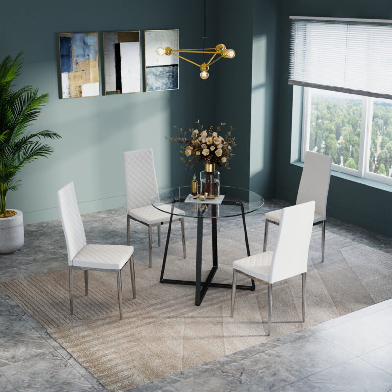 Compact Round Glass Dining Table & 2/4 Chairs Set Kitchen Room Home Furniture UK