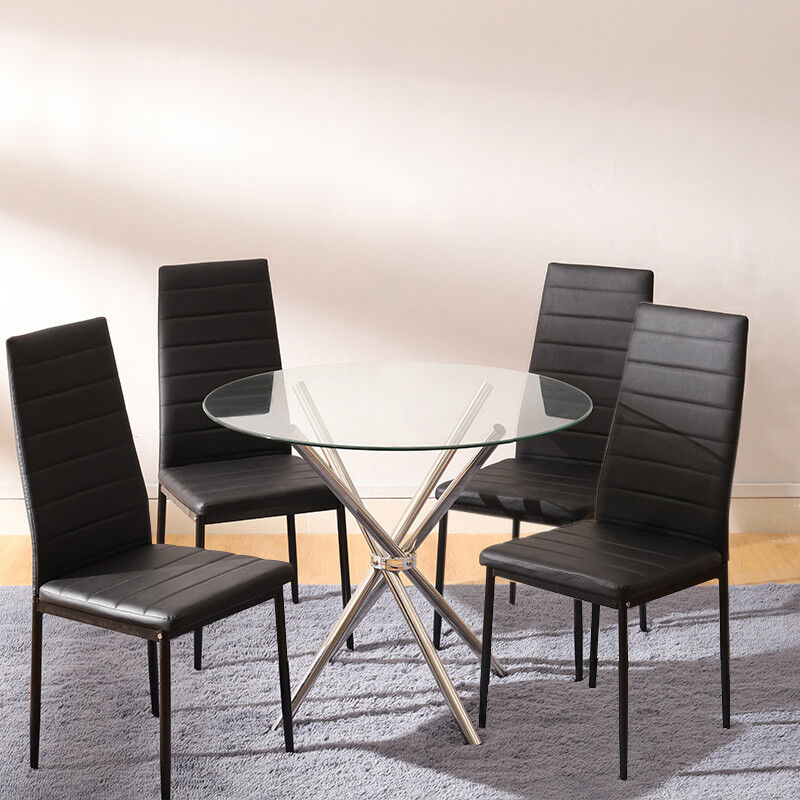Round Glass Dining Table 4 Chairs Chrome Legs Home Kitchen Shop Office Furniture