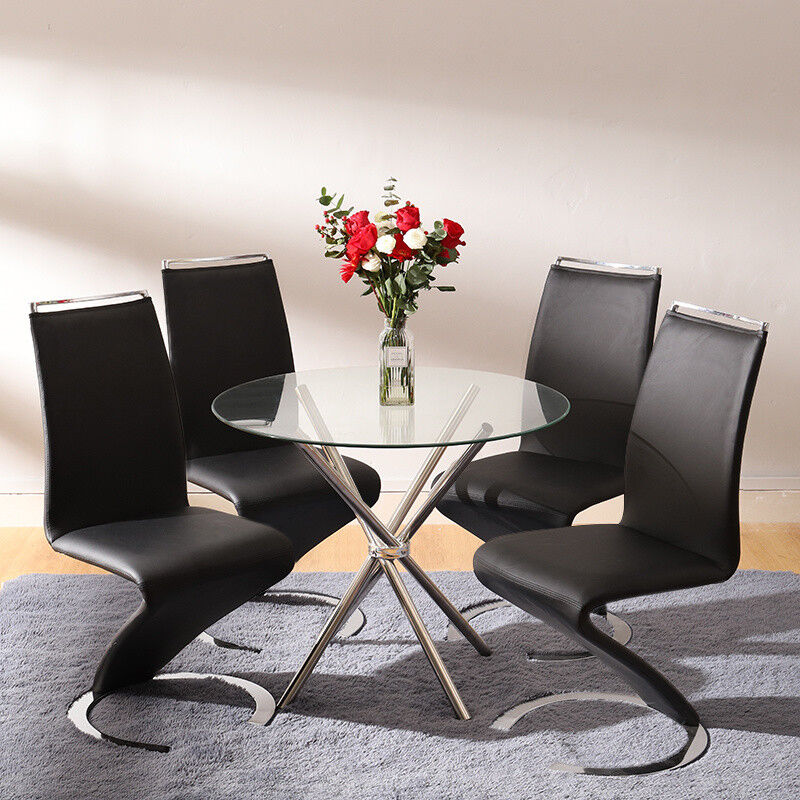 Round Glass Dining Table 4 Chairs Chrome Legs Home Kitchen Shop Office Furniture