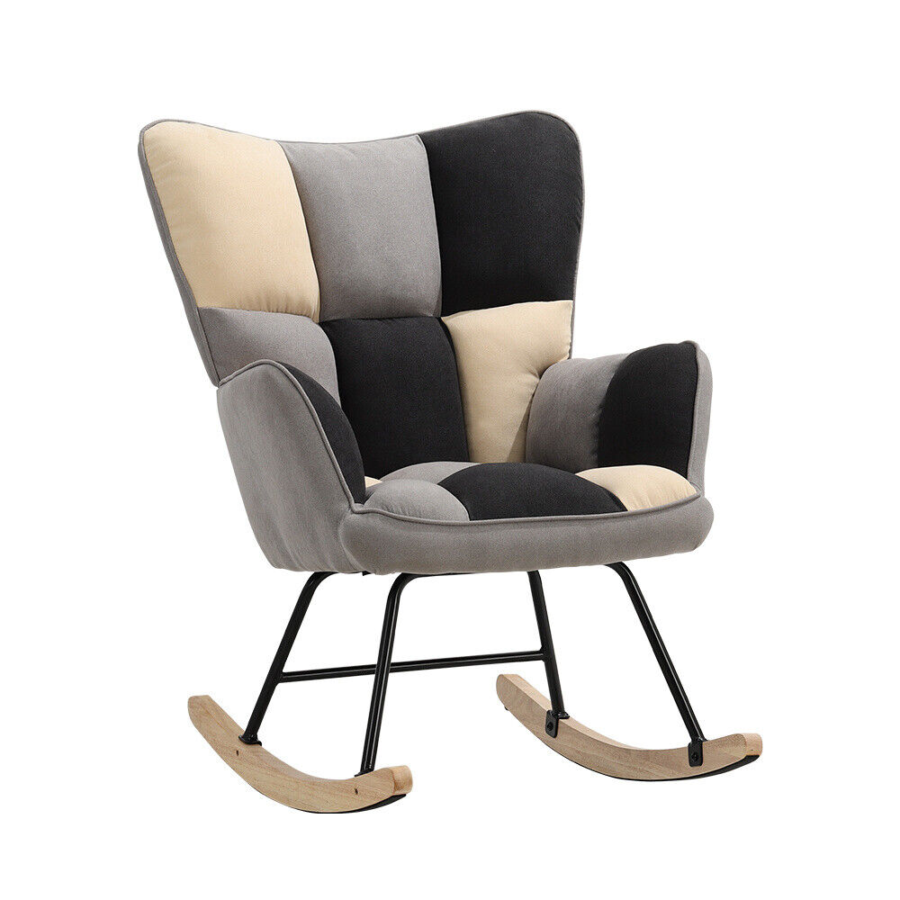 Patchwork Fabric Upholstered Rocking Chair Accent Chair Rocker Wood Curved Legs