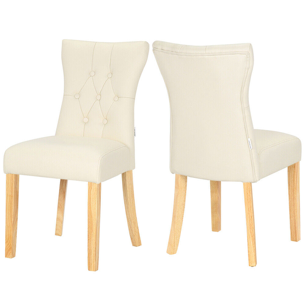2/4 PU Leather Dining Chairs Thick Padded Seat High Back With Buttons Wood Legs