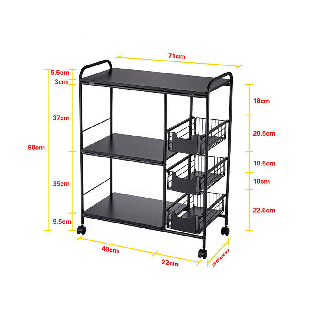 3/4Tier Kitchen Trolley on Wheels Drawer Baskets Rolling Cart Storag Rack Handle