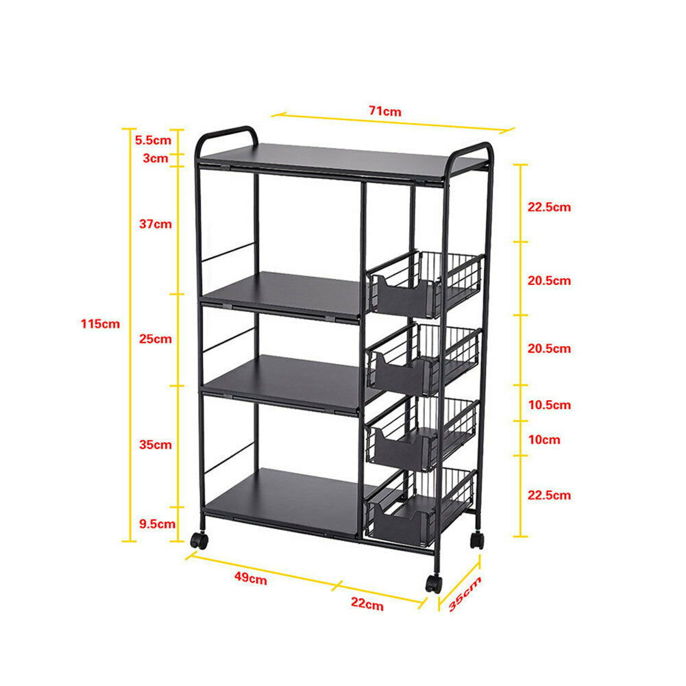 3/4Tier Kitchen Trolley on Wheels Drawer Baskets Rolling Cart Storag Rack Handle