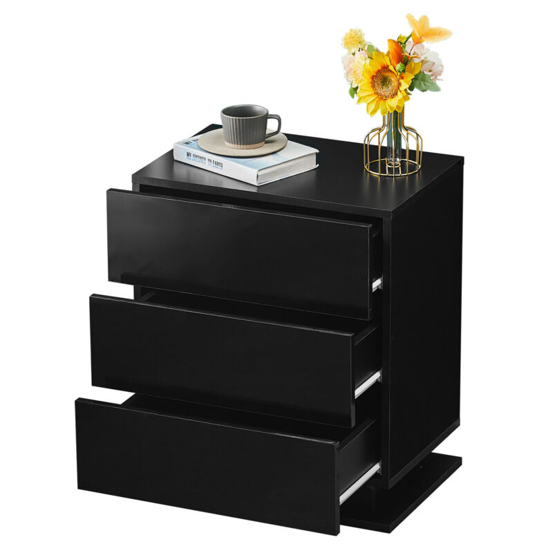 Black White LED Light 3 Drawers Bedside Table High Gloss Cabinet Side End Table