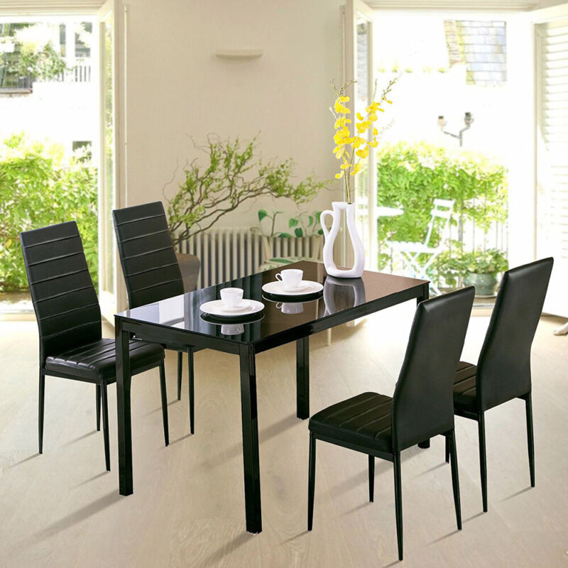 Metal Framed Tempered Glass Top Dining Table Faux Leather Chairs Set Black/White