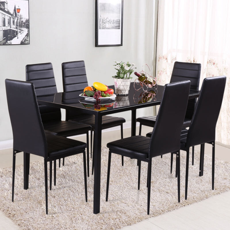 Metal Framed Tempered Glass Top Dining Table Faux Leather Chairs Set Black/White
