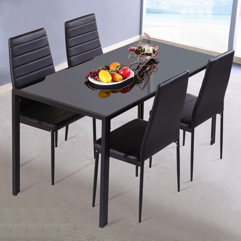 Metal Framed Tempered Glass Top Dining Table Faux Leather Chairs Set Black/White