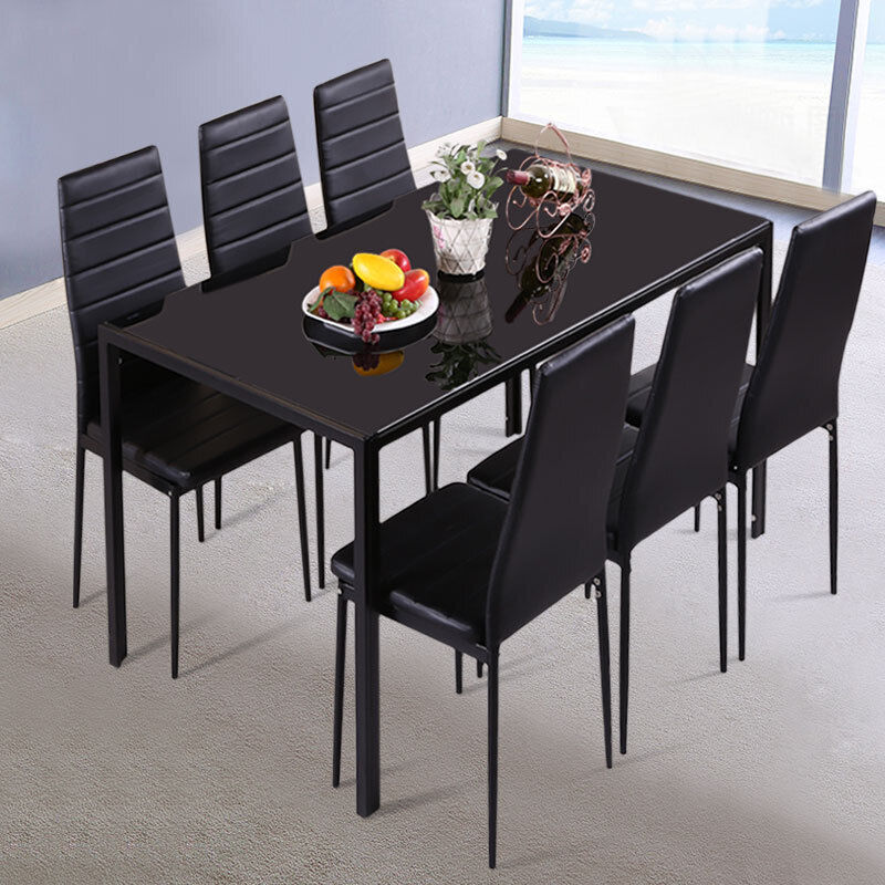 Metal Framed Tempered Glass Top Dining Table Faux Leather Chairs Set Black/White