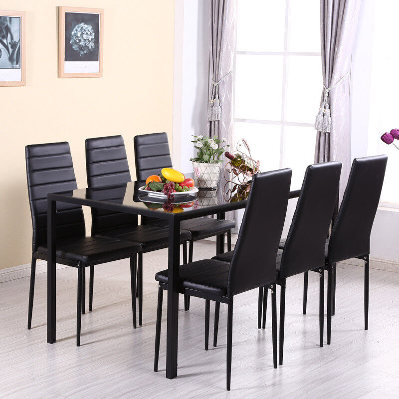 Tempered Glass Top Dining Table Chair Set Black/White 4/6 Kitchen Leather Chairs