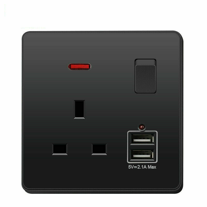 Double Wall Plug Socket 2 Gang 13A w/ USB Charger Port Outlets Black/White Plate