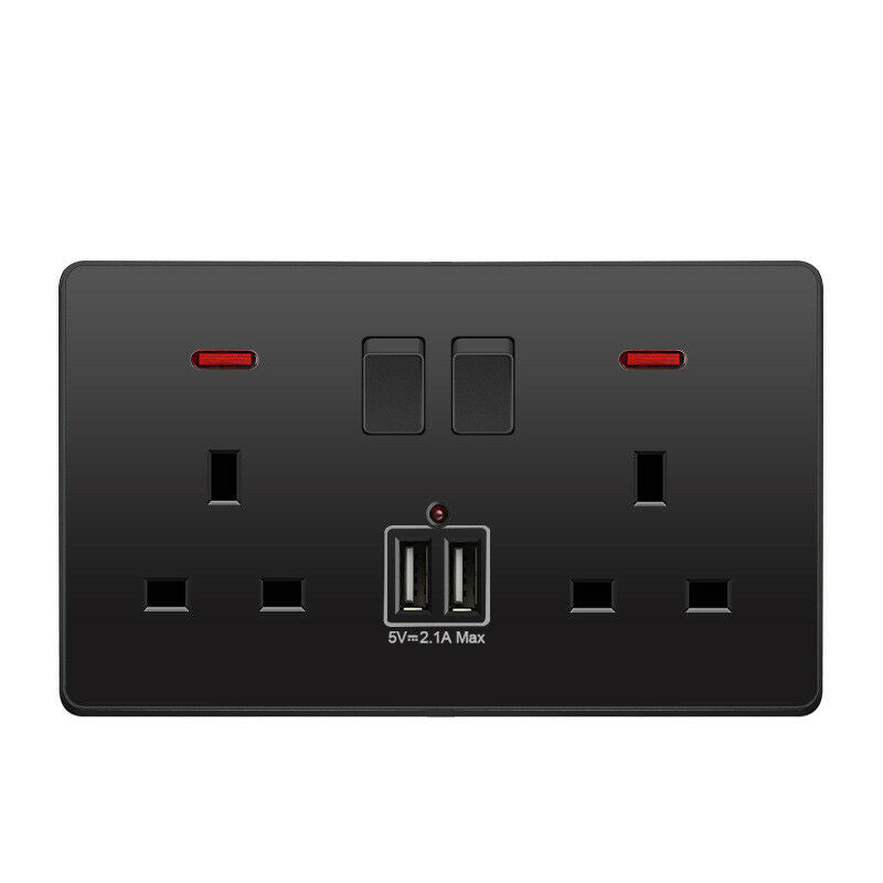 Double Wall Plug Socket 2 Gang 13A w/ USB Charger Port Outlets Black/White Plate