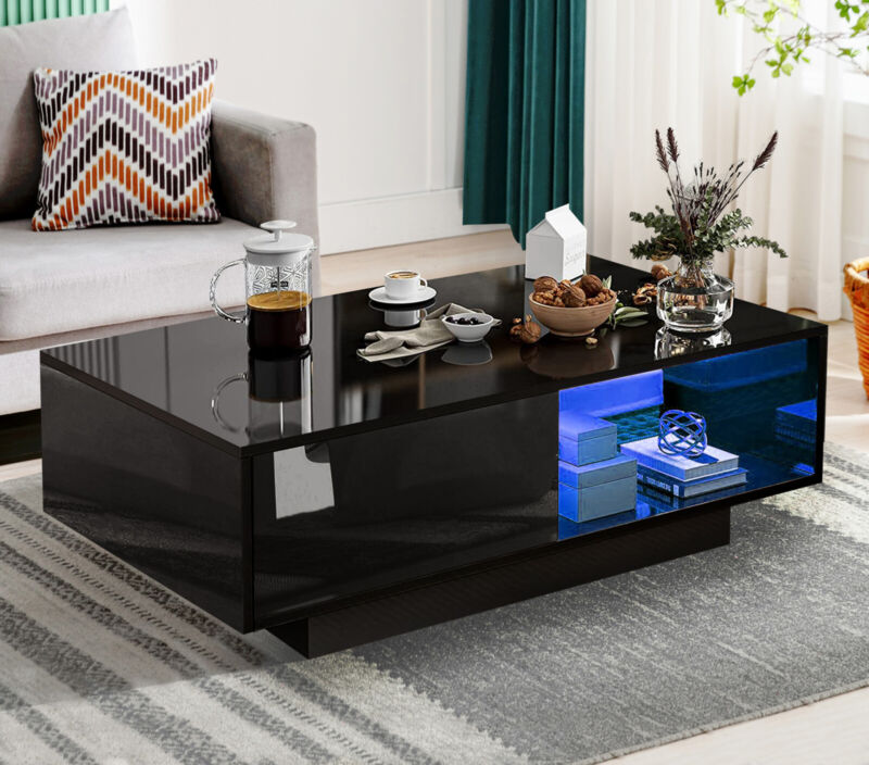 Wooden LED Coffee Table With Storage High Gloss Drawers Living Room + RGB Lights