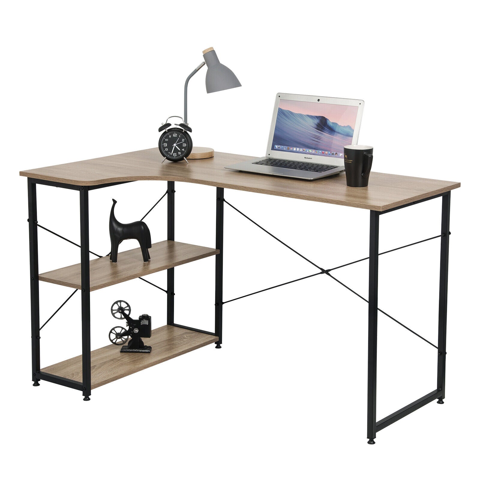 L-Shaped Corner Computer Desk Writing PC Workstation Study Table w/ Shelves MDF