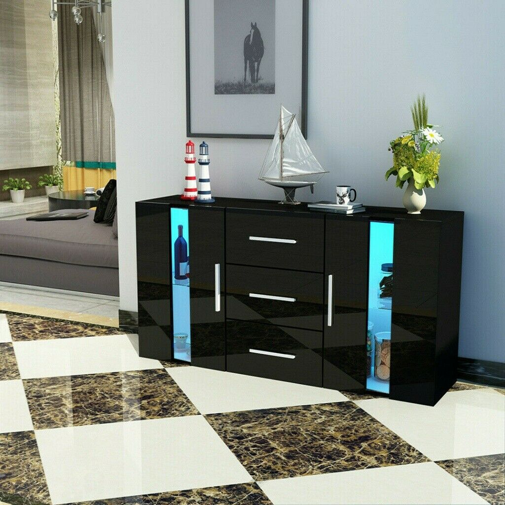 Sideboard Storage Cabinet Cupboards 3 Drawers 2 Doors TV Stand Unit LED Lights
