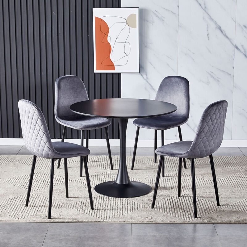 White/Grey Round Table & 2/4 Velvet Dining Chairs Seat Home Office Lounge Set UK
