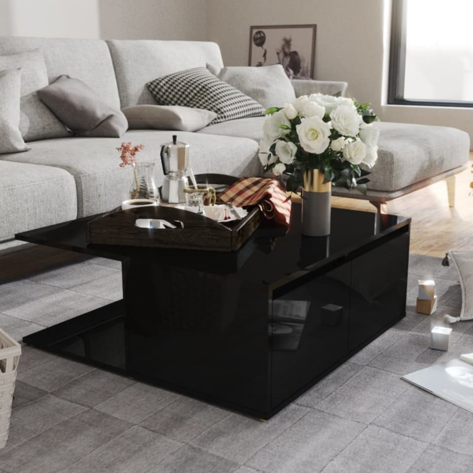 Black High Gloss Coffee Table with Storage Contemporary Living