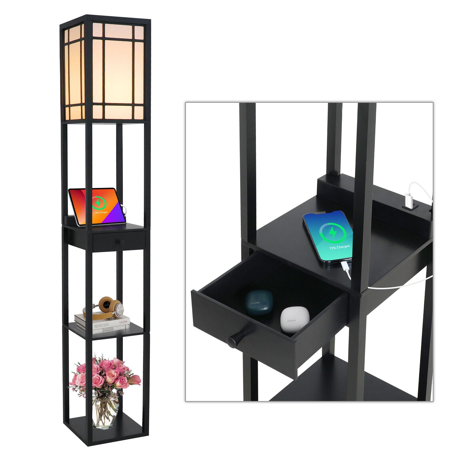 Wooden Shelf Floor Lamp Standard Lounge Reading Light 3-Tier Open Storage Shelf