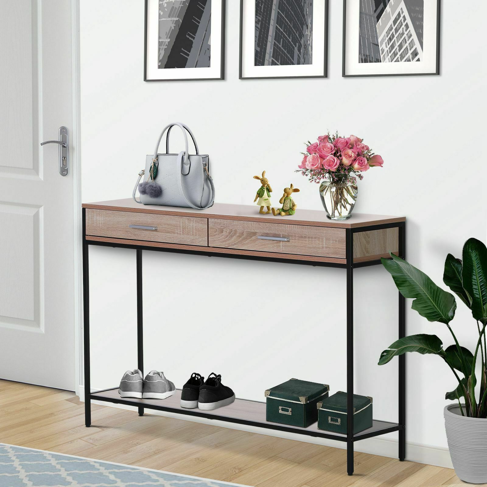 Console Table Worktop Bottom Shelf Industrial Minimal Style Two Drawer Home