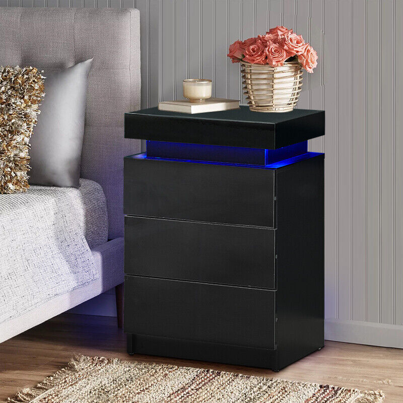 High Gloss LED Bedside Tables Cabinets 3 Drawers Nightstand Bedroom White Black
